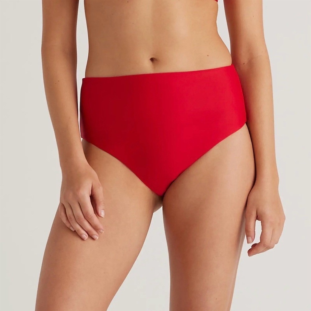 Red High Waisted Bikini Bottoms UPF 50 Sun Resistant Recycled Swim Briefs Medium